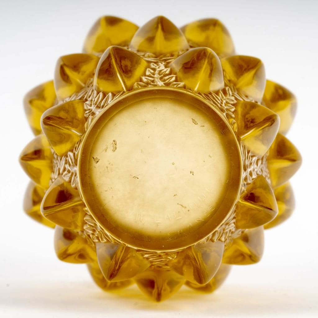 Vase « Rampillon » verre jaune ambré patiné sépia de René LALIQUE 6