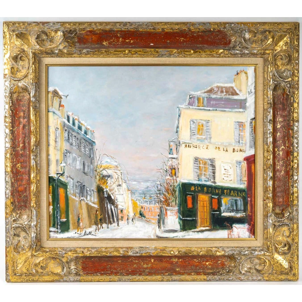 Serge Belloni (1925-2005) – La Rue des Saules sous la neige huile sur bois vers 1970 2 Serge Belloni (1925-2005) – La Rue des Saules sous la neige huile sur bois vers 1970 2