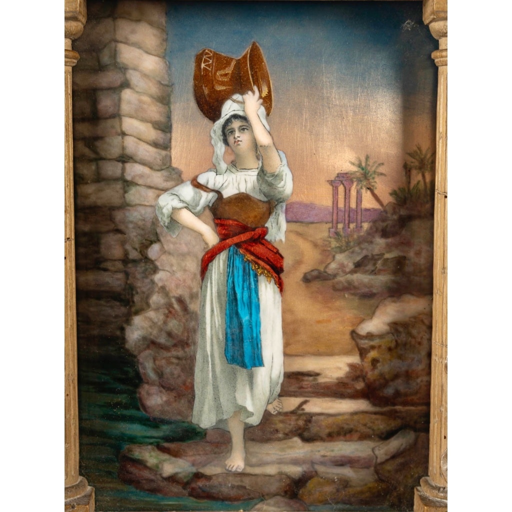 La Porteuse d’Eau, Plaque en émail encadrée, circa 1900 4 La Porteuse d’Eau, Plaque en émail encadrée, circa 1900 4