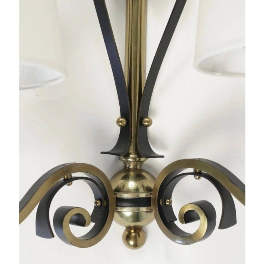 1970 Paire d’appliques murales en fer forgé et laiton Maison Roche 6 1970 Paire d’appliques murales en fer forgé et laiton Maison Roche 6