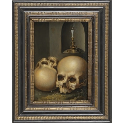 Vanité aux crânes et à la chandelle – Ecole flamande du XVIIe siècle Vanité aux crânes et à la chandelle – Ecole flamande du XVIIe siècle