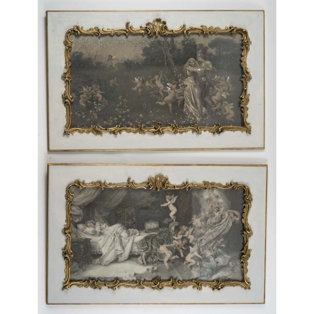 Une paire de grandes gravures aquarelles, fin XIXème siècle 2