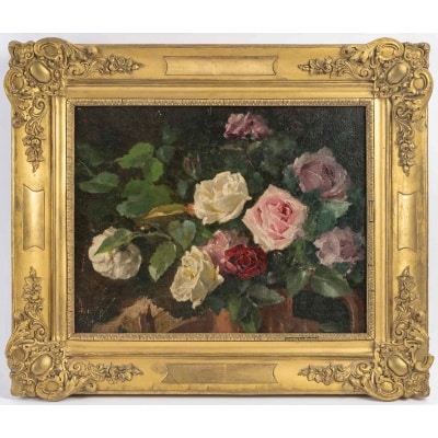 Nature morte au bouquet de Roses huile sur toile de la fin du XIXe siècle