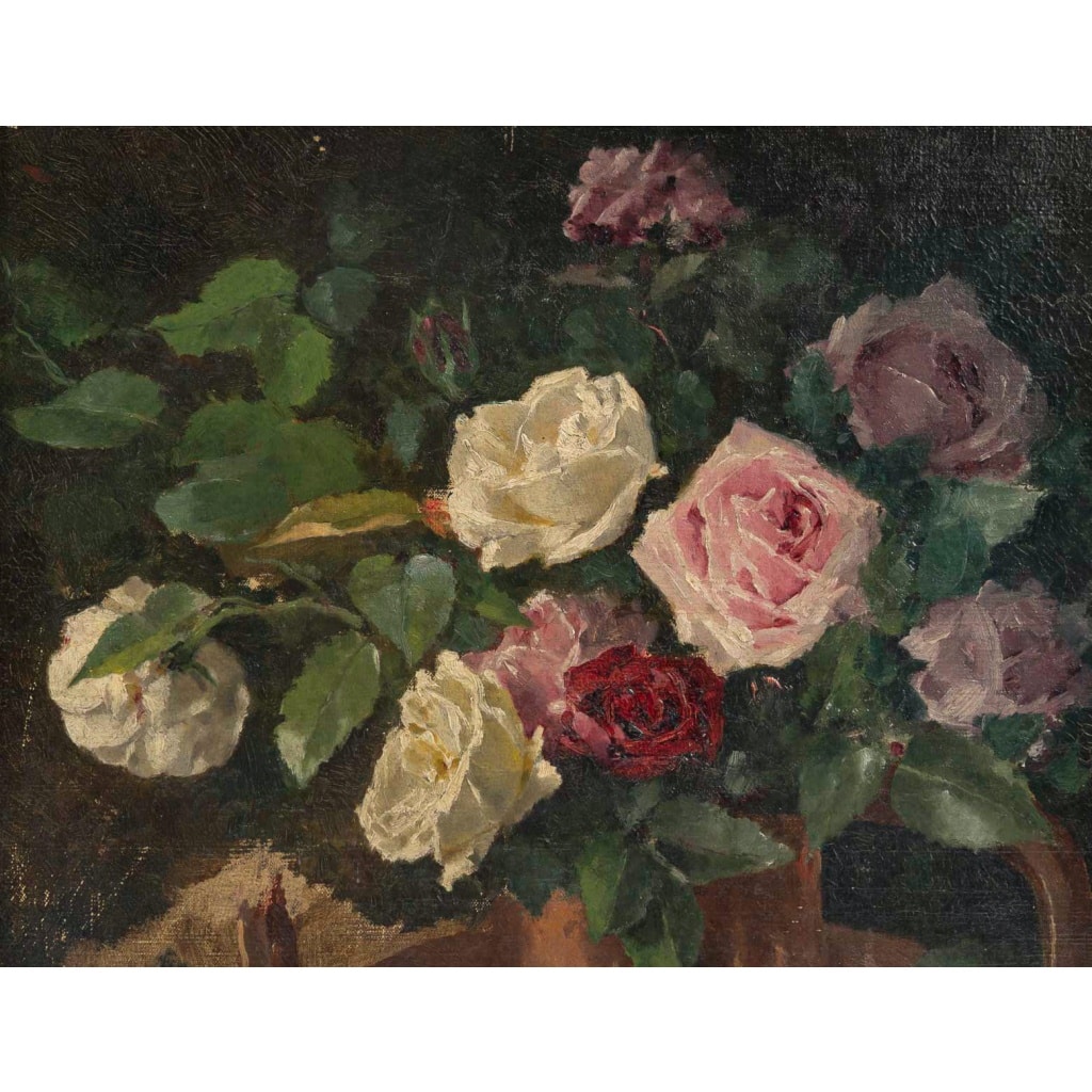 Nature morte au bouquet de Roses huile sur toile de la fin du XIXe siècle 3