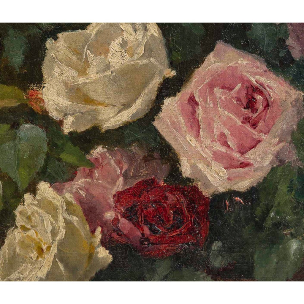 Nature morte au bouquet de Roses huile sur toile de la fin du XIXe siècle 5