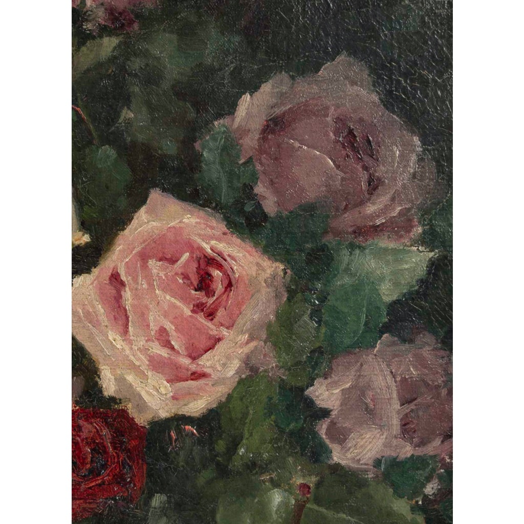 Nature morte au bouquet de Roses huile sur toile de la fin du XIXe siècle 6