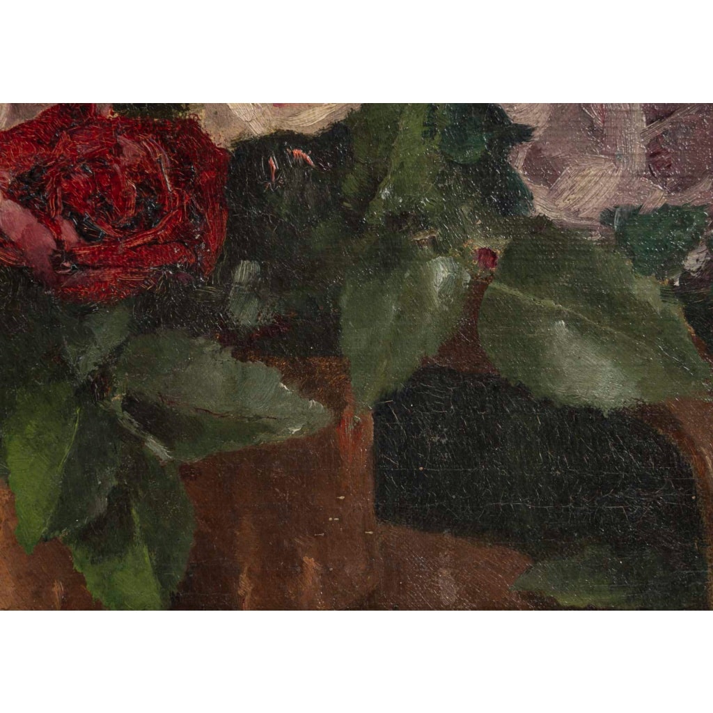 Nature morte au bouquet de Roses huile sur toile de la fin du XIXe siècle 7