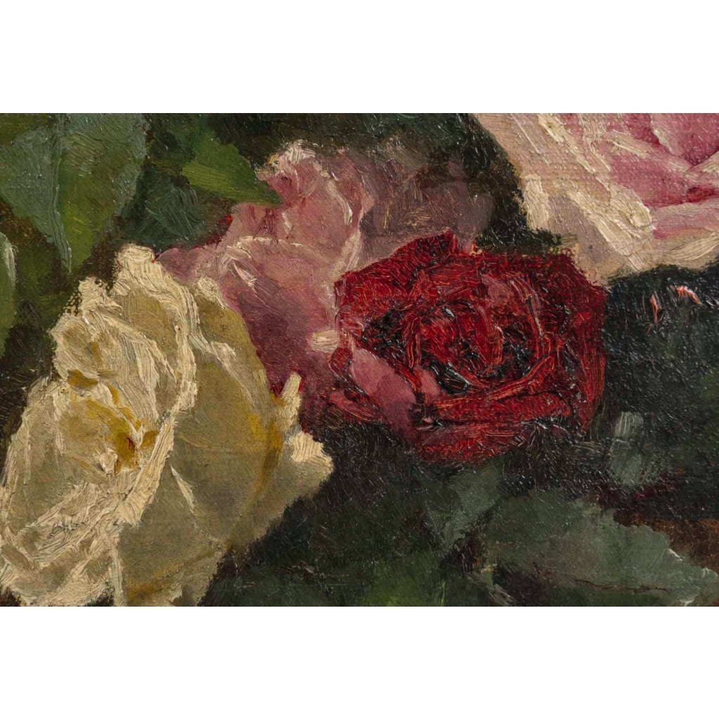 Nature morte au bouquet de Roses huile sur toile de la fin du XIXe siècle 8