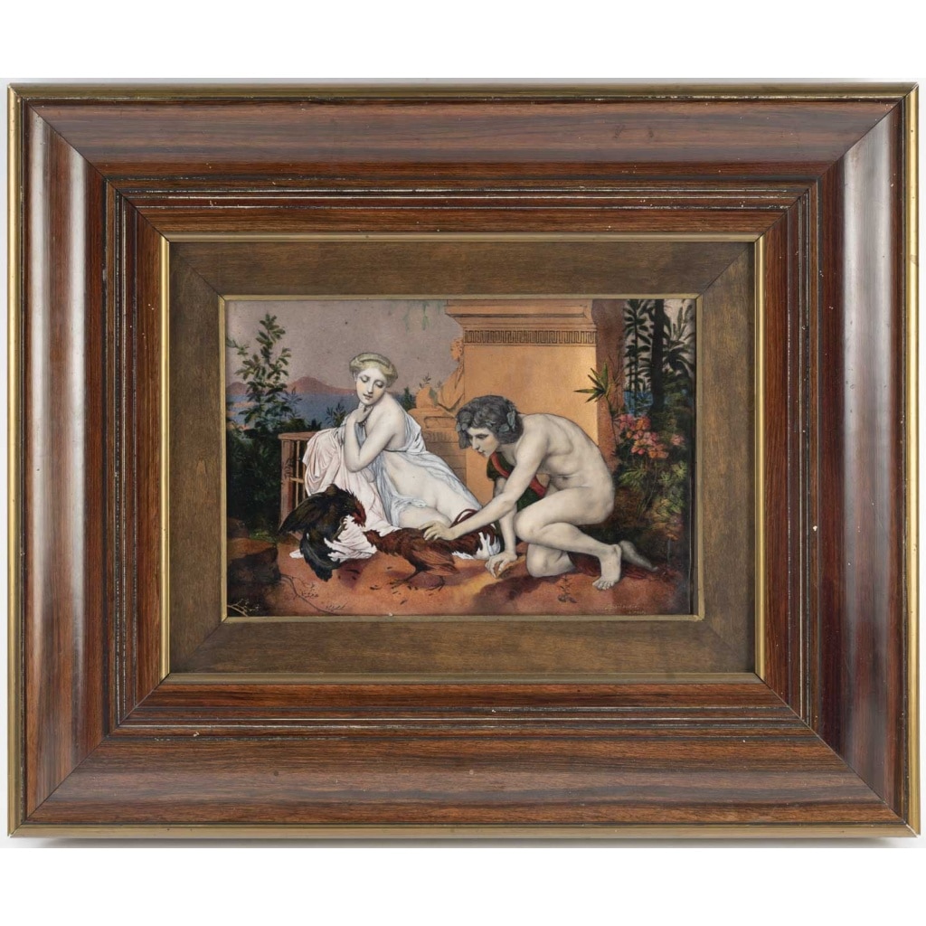 Jean-Léon Gérome (1824-1904) d’après, Jeunes Grecs faisant battre des coqs. Plaque de cuivre émaillée 3