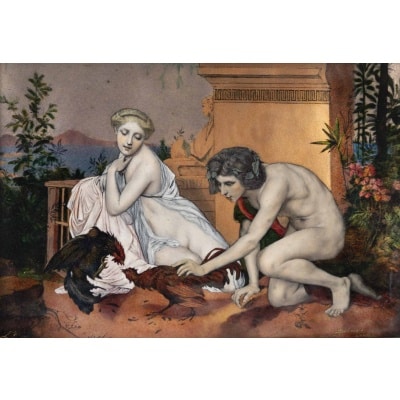 Jean-Léon Gérome (1824-1904) d’après, Jeunes Grecs faisant battre des coqs. Plaque de cuivre émaillée