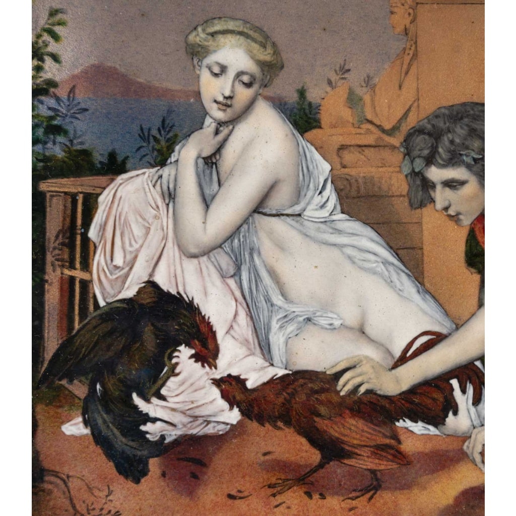 Jean-Léon Gérome (1824-1904) d’après, Jeunes Grecs faisant battre des coqs. Plaque de cuivre émaillée 4