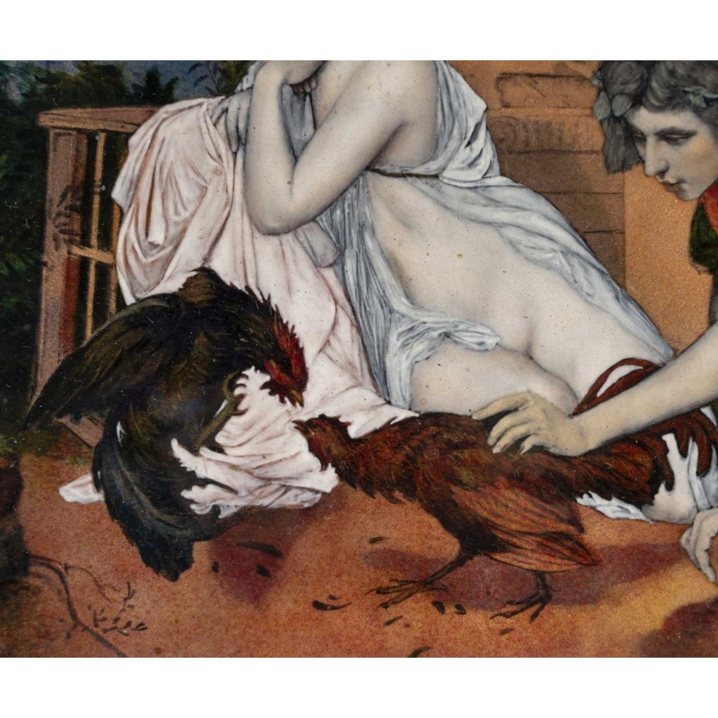Jean-Léon Gérome (1824-1904) d’après, Jeunes Grecs faisant battre des coqs. Plaque de cuivre émaillée 6