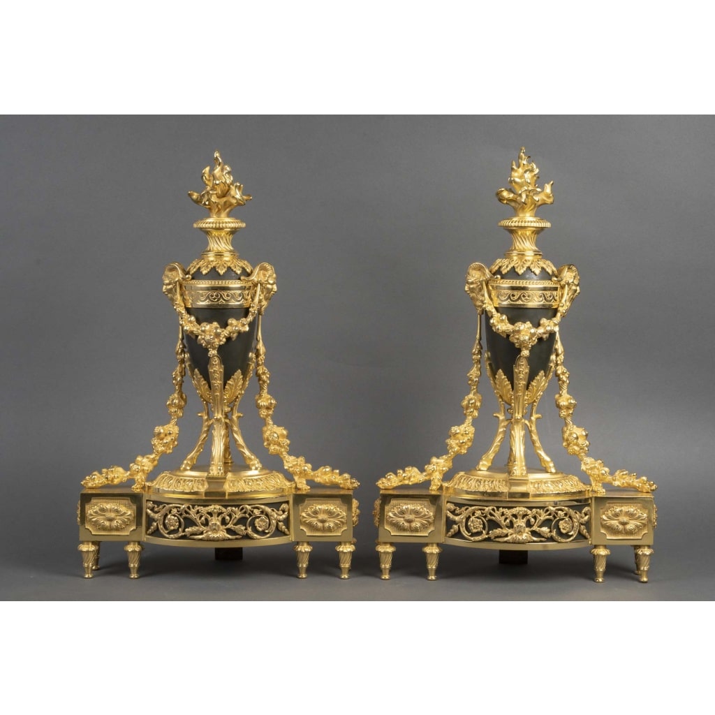 Paire de chenets en bronze doré Louis XVI 2