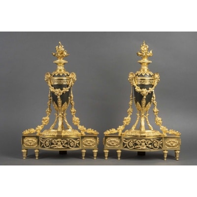 Paire de chenets en bronze doré Louis XVI 2