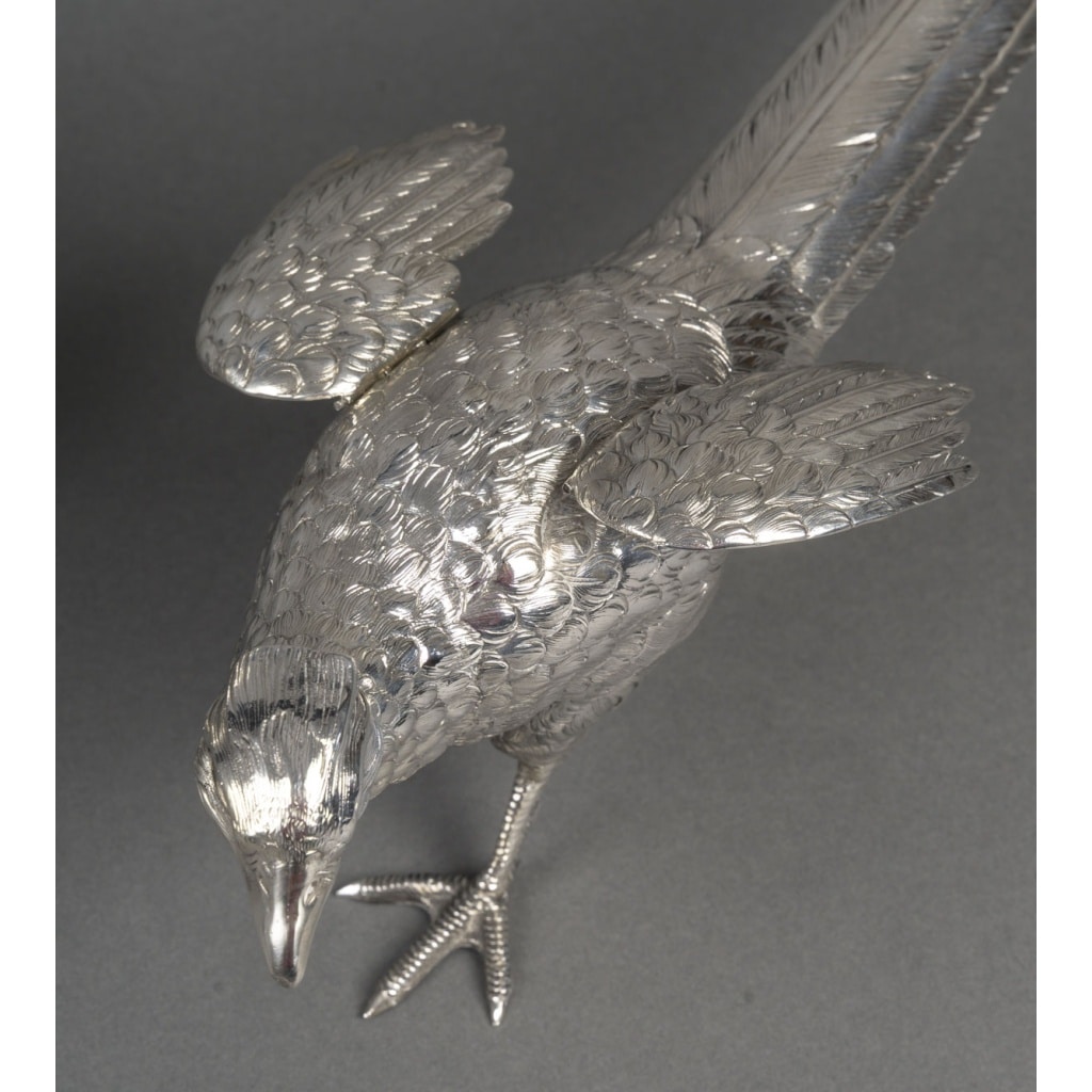 Orfèvre ESCHWEGE – Paire de Faisans en argent massif XXè 16