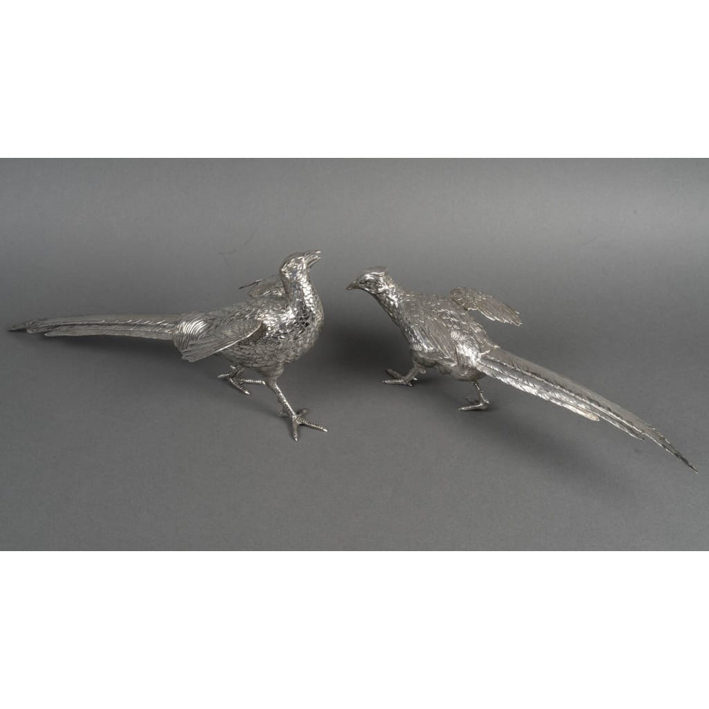 Orfèvre ESCHWEGE – Paire de Faisans en argent massif XXè 2