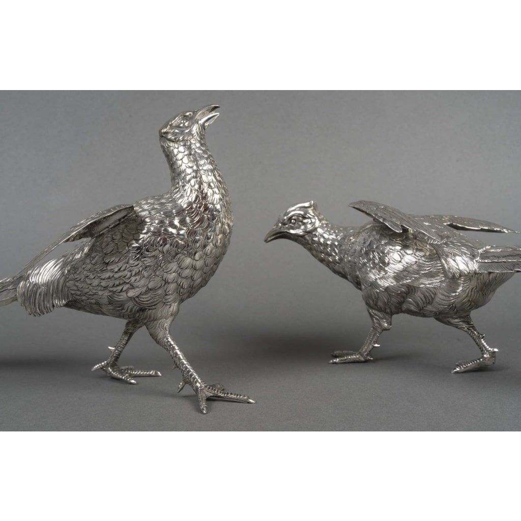 Orfèvre ESCHWEGE – Paire de Faisans en argent massif XXè 17