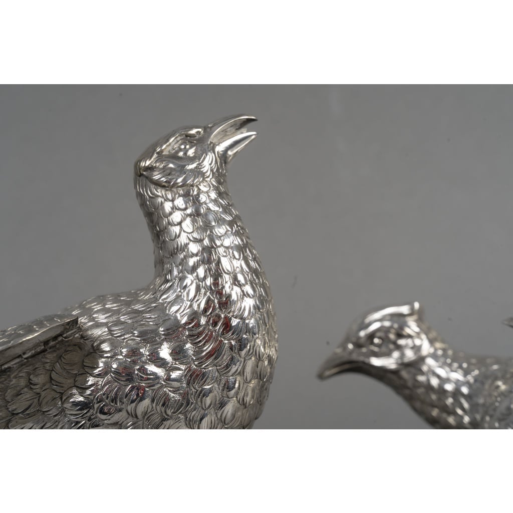 Orfèvre ESCHWEGE – Paire de Faisans en argent massif XXè 18