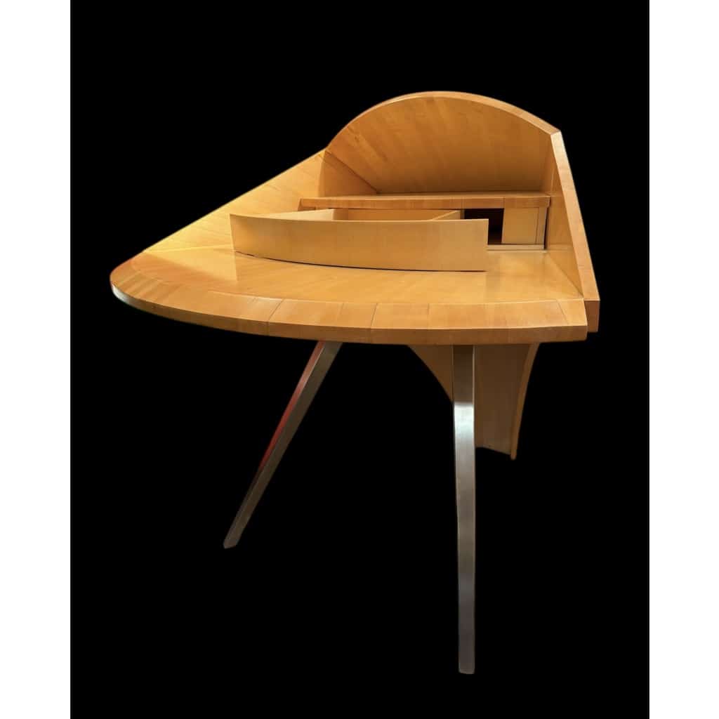 BUREAU architectural Français Design moderniste des années 1950/60 en sycomore ouvrant par un tiroir central Pièce unique 15