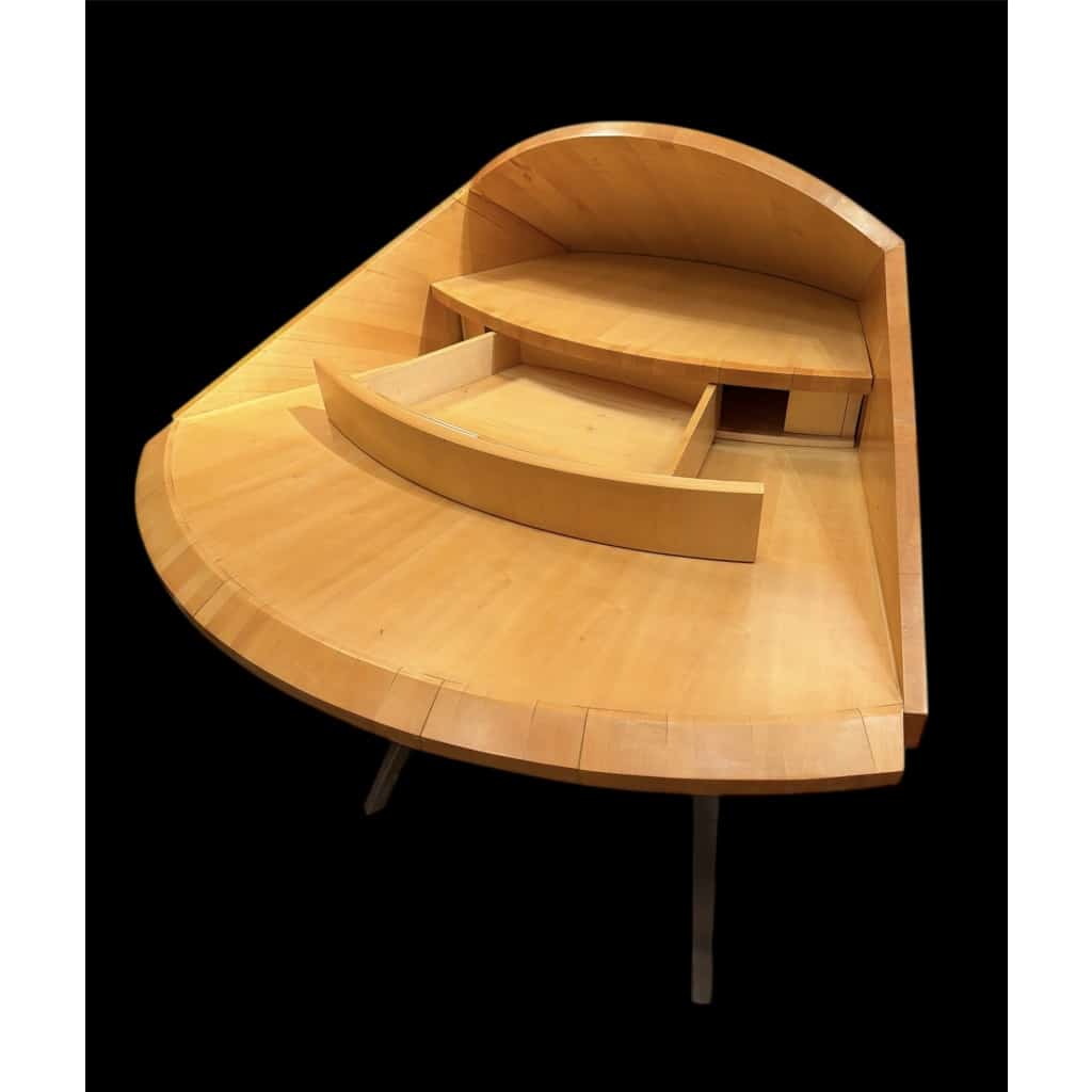 BUREAU architectural Français Design moderniste des années 1950/60 en sycomore ouvrant par un tiroir central Pièce unique 16