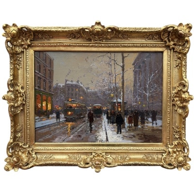 CORTES Edouard Paris Place de La Madeleine soir de neige Huile sur toile signée Certificat d&rsquo;authenticité du Comité Edouard Cortès
