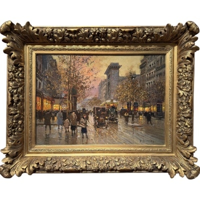 CORTES Edouard Paris Les Grands Boulevards la porte St Denis au crépuscule Huile sur toile signée Certificat du Comité CORTES Edouard Paris Les Grands Boulevards la porte St Denis au crépuscule Huile sur toile signée Certificat du Comité