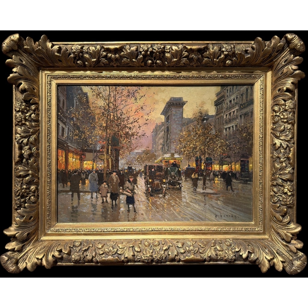 CORTES Edouard Paris Les Grands Boulevards la porte St Denis au crépuscule Huile sur toile signée Certificat du Comité 7