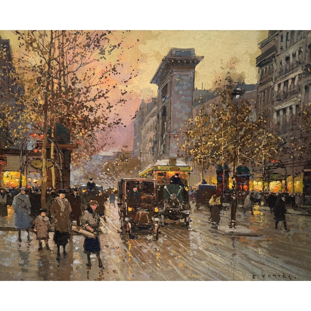 CORTES Edouard Paris Les Grands Boulevards la porte St Denis au crépuscule Huile sur toile signée Certificat du Comité 6