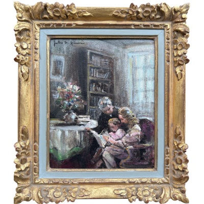 HERVE Jules Peinture impressionniste 20è L&rsquo;apprentissage de la lecture Huile sur Toile Signée Certificat D’authenticité
