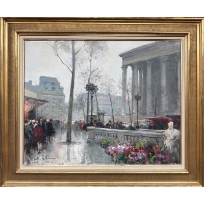 HERVE Jules Peinture Française 20è Paris animation place de La Madeleine Huile sur Toile Signée Certificat d&rsquo;authenticité