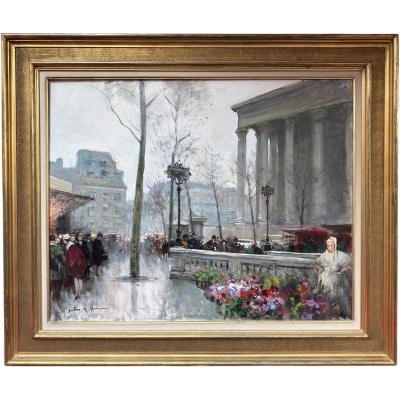 HERVE Jules Peinture Française 20è Paris animation place de La Madeleine Huile sur Toile Signée Certificat d&rsquo;authenticité