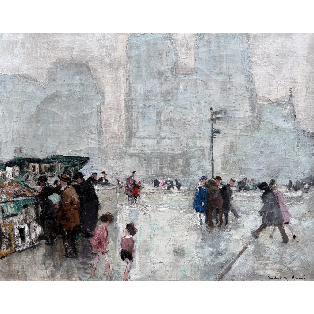 HERVE Jules Peinture impressionniste 20è Paris Les bouquinistes devant Notre Dame Huile sur Toile Signée Certificat 7 HERVE Jules Peinture impressionniste 20è Paris Les bouquinistes devant Notre Dame Huile sur Toile Signée Certificat 7