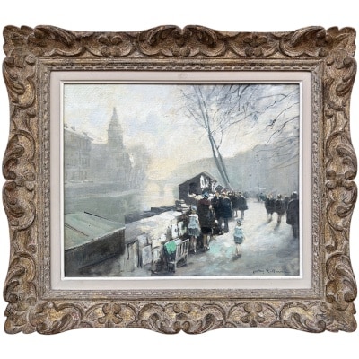 HERVE Jules Peinture Française 20è Paris La Seine et ses bouquinistes Huile sur Toile Signée Certificat d&rsquo;authenticité