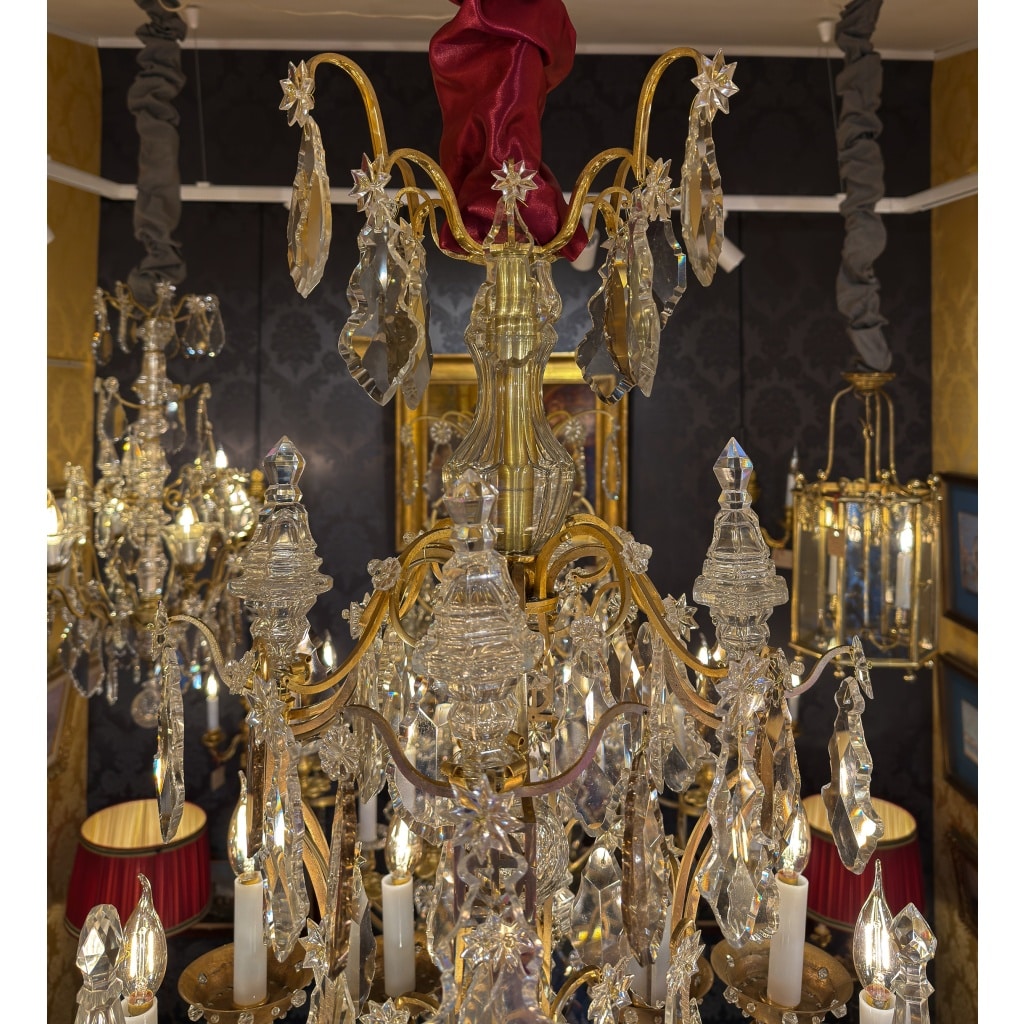 Lustre cage « Oeil de Boeuf » dans le style Louis XV en Bronze Doré et Cristal Taillé vers 1880 3