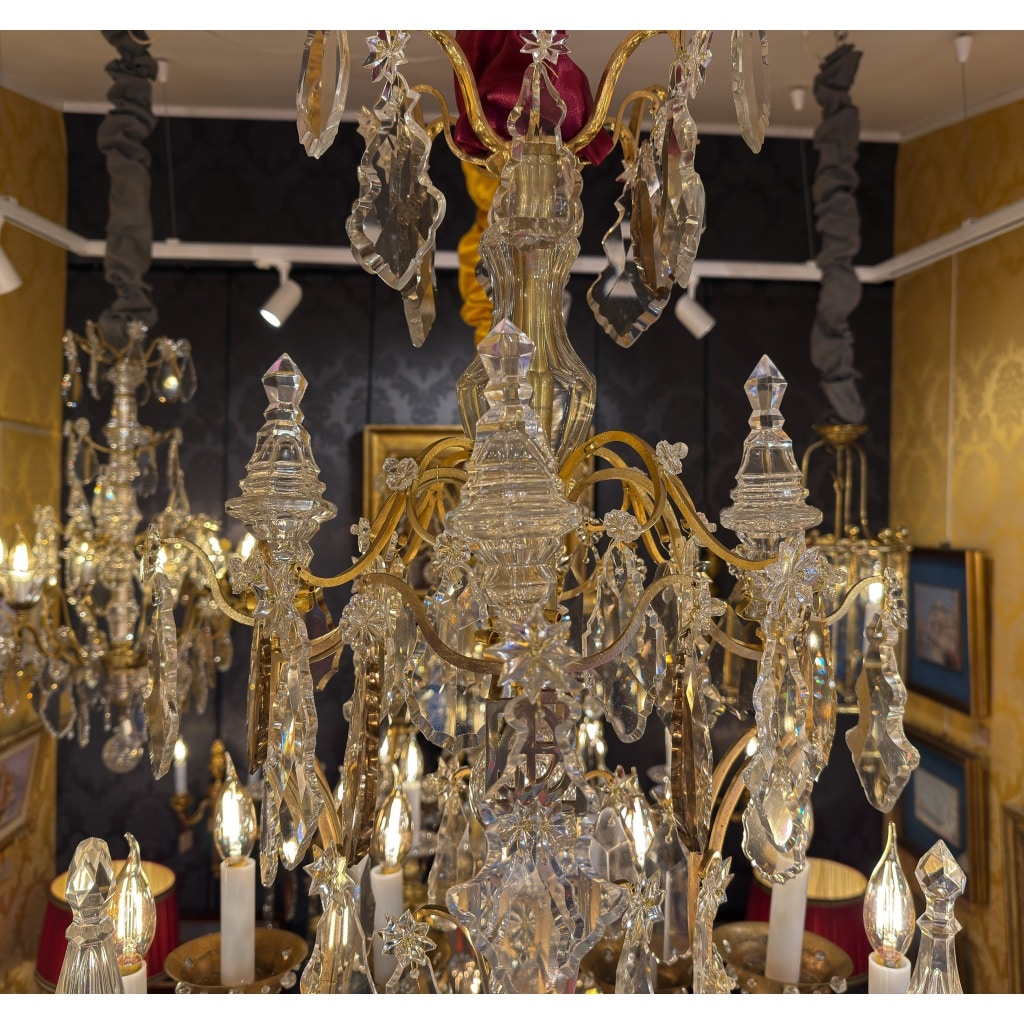 Lustre cage « Oeil de Boeuf » dans le style Louis XV en Bronze Doré et Cristal Taillé vers 1880 4