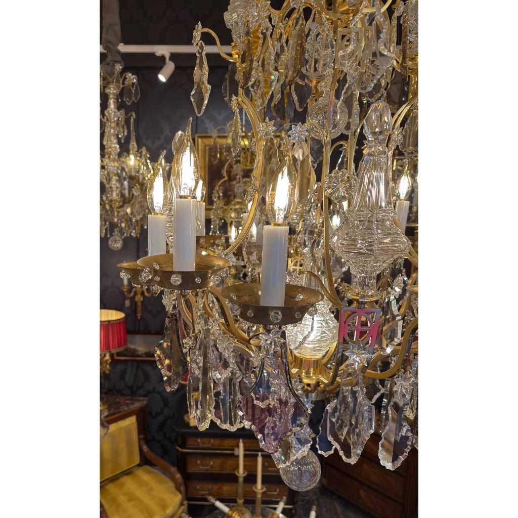 Lustre cage « Oeil de Boeuf » dans le style Louis XV en Bronze Doré et Cristal Taillé vers 1880 5