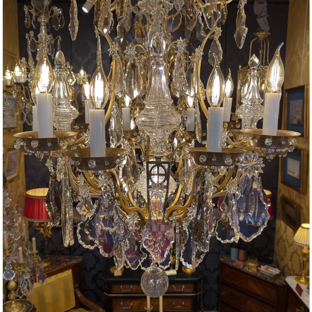 Lustre cage « Oeil de Boeuf » dans le style Louis XV en Bronze Doré et Cristal Taillé vers 1880 6