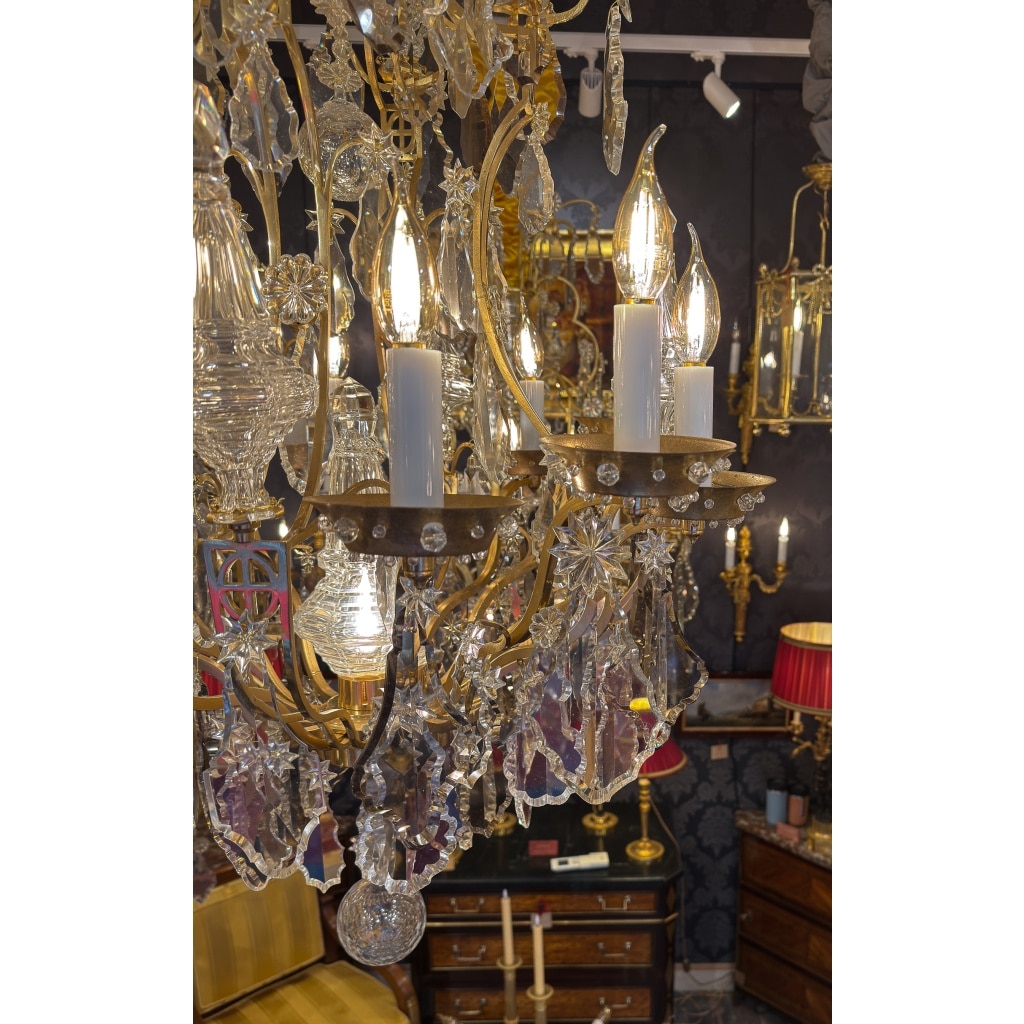 Lustre cage « Oeil de Boeuf » dans le style Louis XV en Bronze Doré et Cristal Taillé vers 1880 7