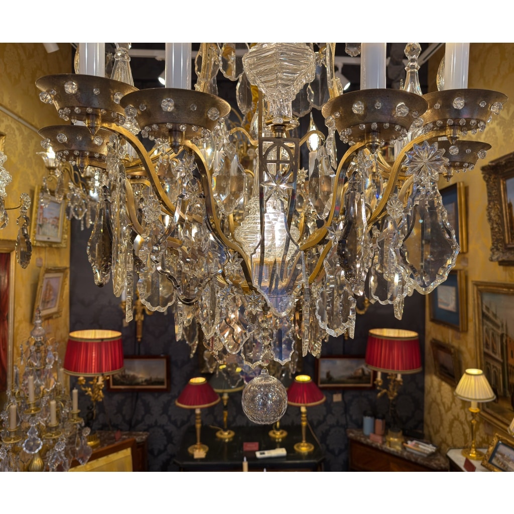 Lustre cage « Oeil de Boeuf » dans le style Louis XV en Bronze Doré et Cristal Taillé vers 1880 11