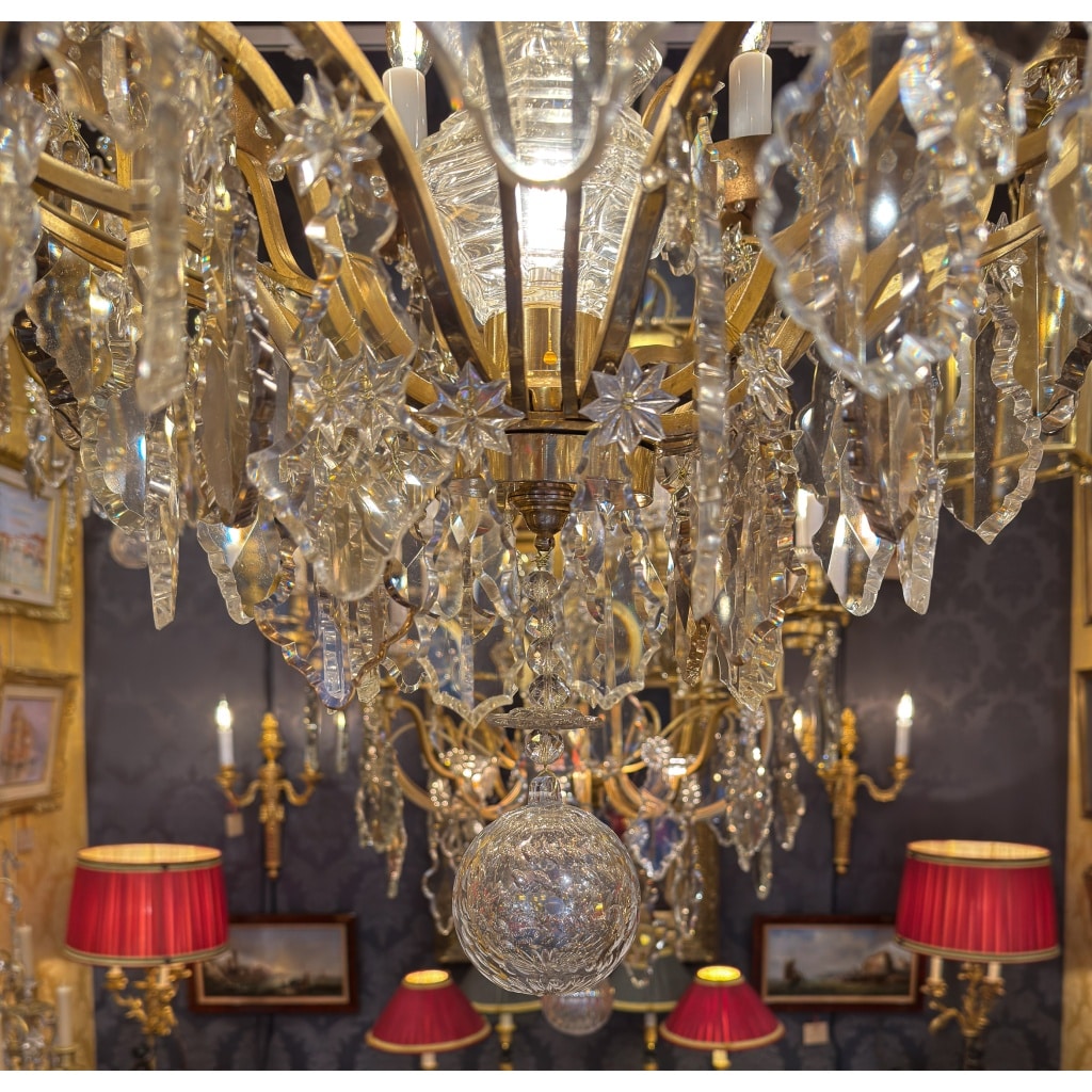 Lustre cage « Oeil de Boeuf » dans le style Louis XV en Bronze Doré et Cristal Taillé vers 1880 12
