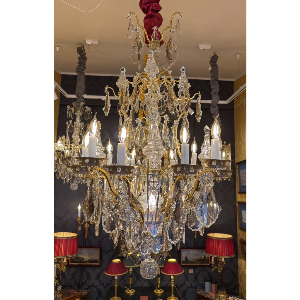 Lustre cage « Oeil de Boeuf » dans le style Louis XV en Bronze Doré et Cristal Taillé vers 1880 13