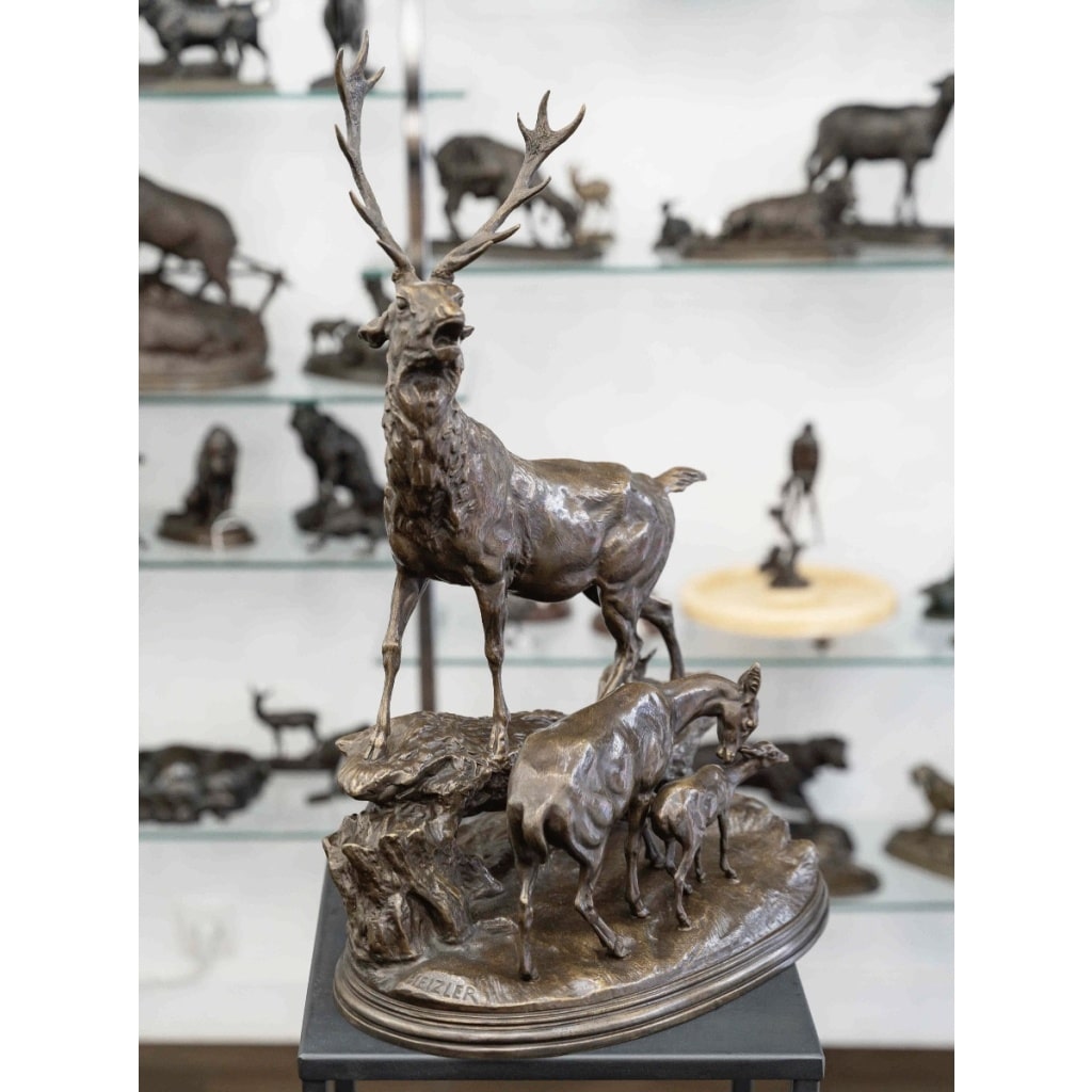 Sculpture – Famille De Cervidés , Hippolyte Heizler (1828-1871) – Bronze 3