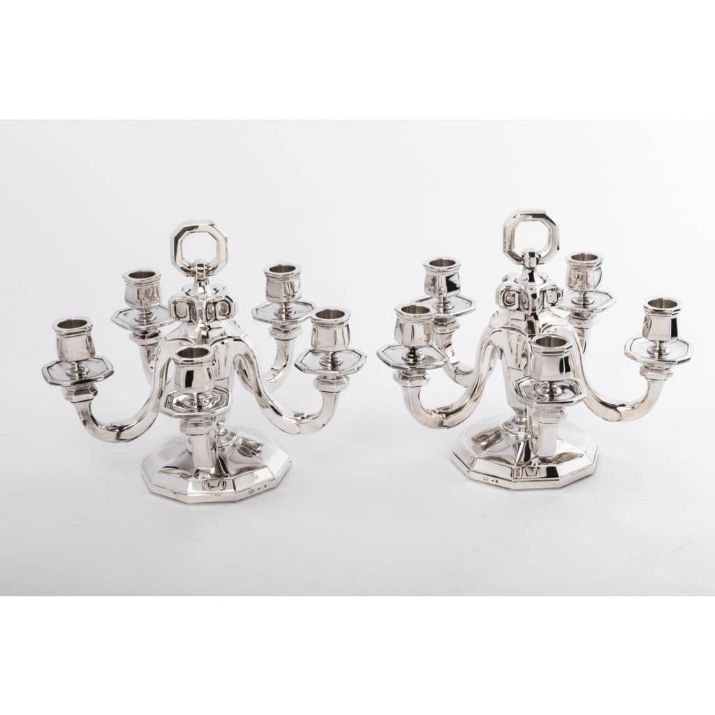 Orfèvre Gustave KELLER Paire de Candélabres argent massif Epoque ART DECO 2 Orfèvre Gustave KELLER Paire de Candélabres argent massif Epoque ART DECO 2
