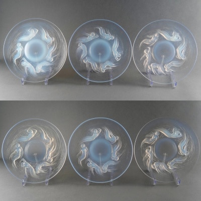 Suite de 6 Assiettes « Ondines » verre opalescent de René LALIQUE Suite de 6 Assiettes « Ondines » verre opalescent de René LALIQUE
