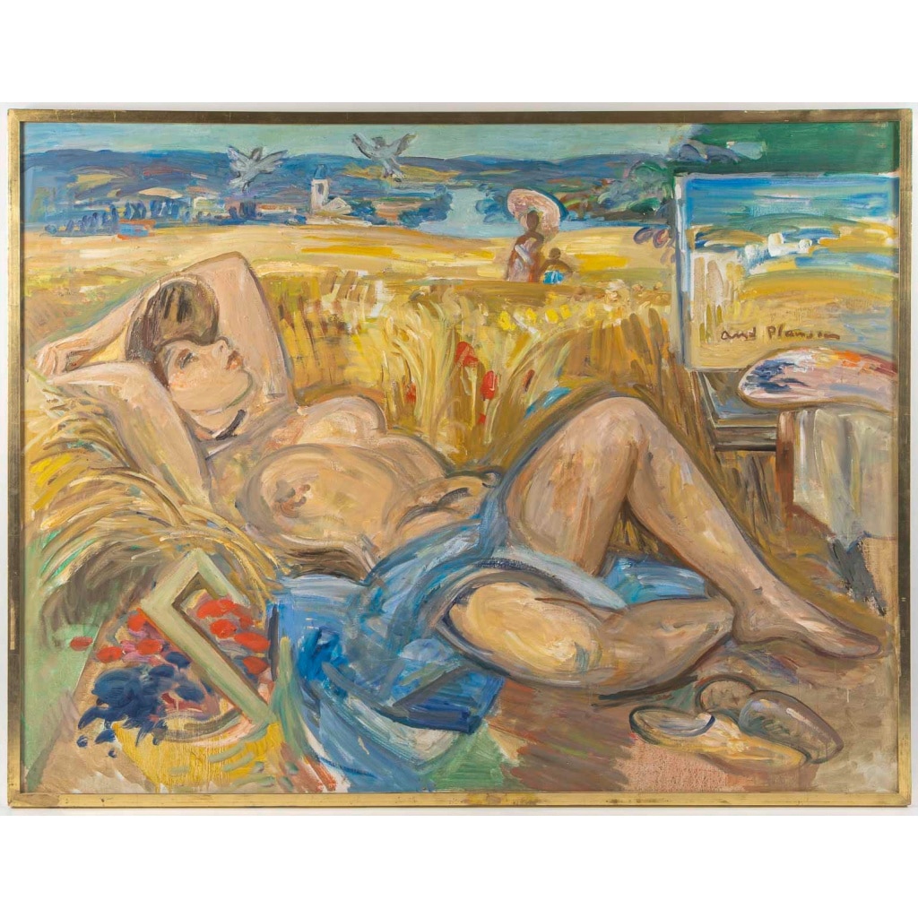 André Planson (1898-1981) – Femme nue alanguie dans un champ de blé, huile sur toile 2