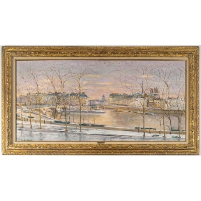 Serge Belloni (1925-2005) – Vue panoramique du Pont Louis-Philippe, des Quais de Seine et de Notre-Dame sous la neige, huile sur bois vers 1997 Serge Belloni (1925-2005) – Vue panoramique du Pont Louis-Philippe, des Quais de Seine et de Notre-Dame sous la neige, huile sur bois vers 1997
