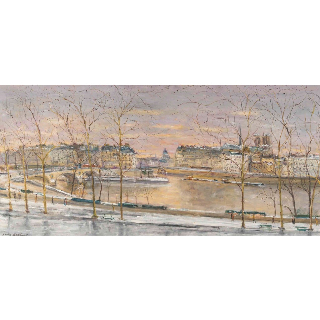 Serge Belloni (1925-2005) – Vue panoramique du Pont Louis-Philippe, des Quais de Seine et de Notre-Dame sous la neige, huile sur bois vers 1997 3 Serge Belloni (1925-2005) – Vue panoramique du Pont Louis-Philippe, des Quais de Seine et de Notre-Dame sous la neige, huile sur bois vers 1997 3