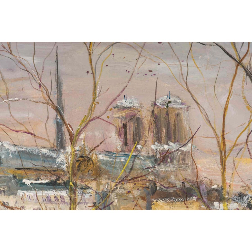 Serge Belloni (1925-2005) – Vue panoramique du Pont Louis-Philippe, des Quais de Seine et de Notre-Dame sous la neige, huile sur bois vers 1997 9 Serge Belloni (1925-2005) – Vue panoramique du Pont Louis-Philippe, des Quais de Seine et de Notre-Dame sous la neige, huile sur bois vers 1997 9