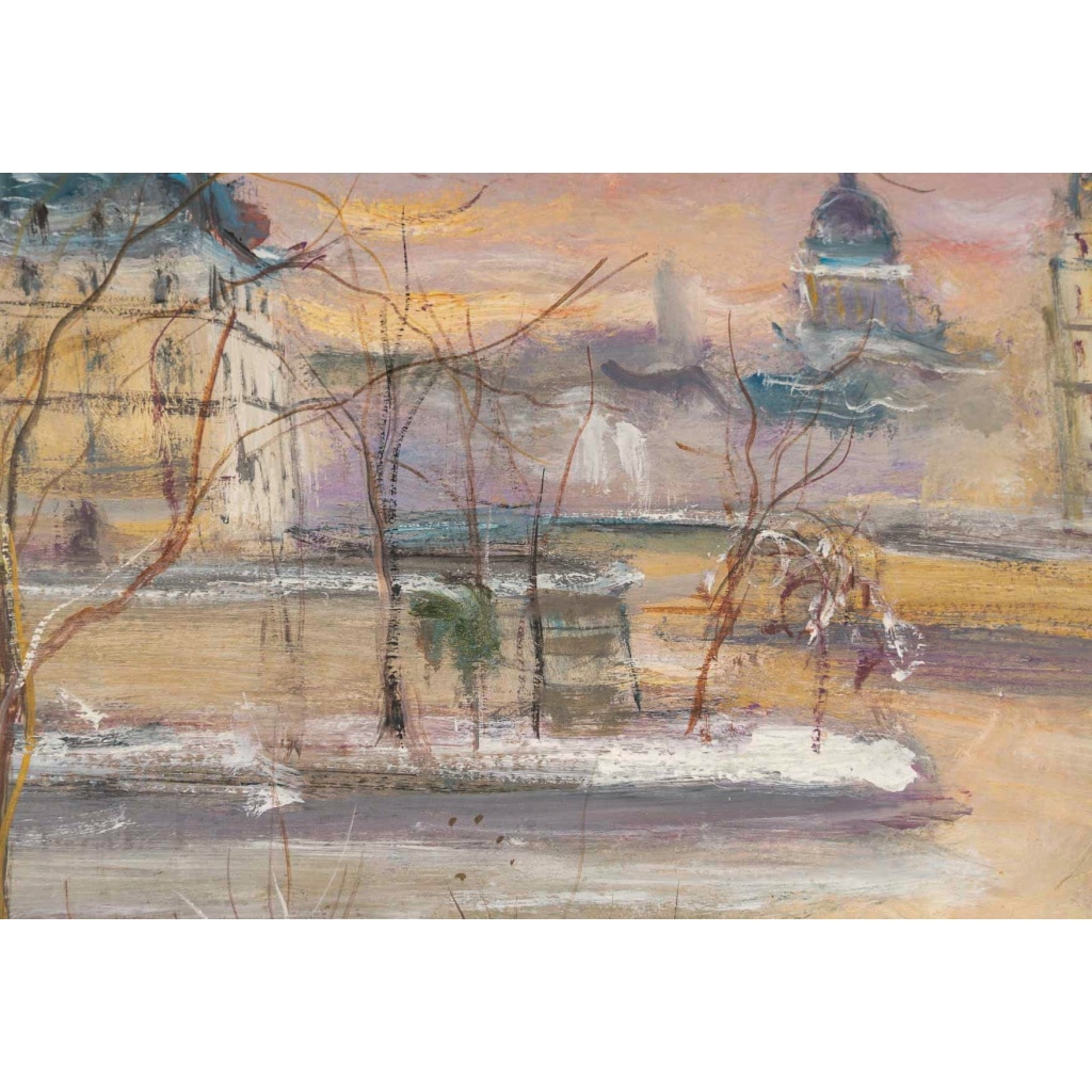 Serge Belloni (1925-2005) – Vue panoramique du Pont Louis-Philippe, des Quais de Seine et de Notre-Dame sous la neige, huile sur bois vers 1997 11 Serge Belloni (1925-2005) – Vue panoramique du Pont Louis-Philippe, des Quais de Seine et de Notre-Dame sous la neige, huile sur bois vers 1997 11