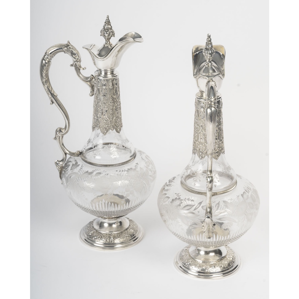 ARMAND GROSS – Paire d&rsquo; Aiguières en cristal et argent massif fin XIXe 16